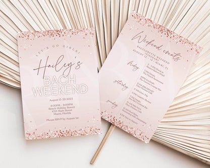 Pink Bachelorette Weekend Itinerary Invitation Template | Rose Gold Printable Bach Party Schedule | Editable DIY Weekend Events Invite
