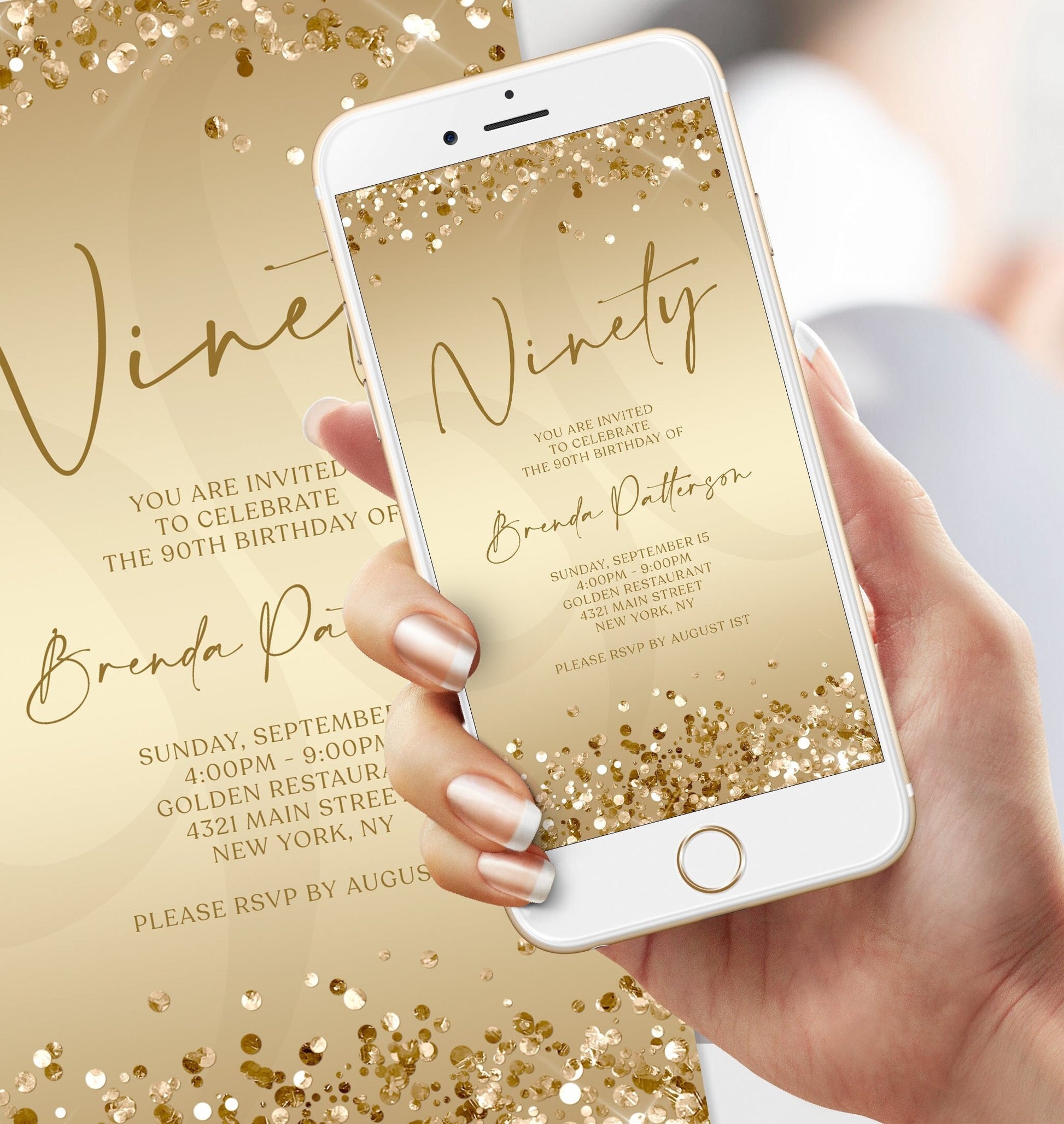 Digital Gold Ninety 90th Birthday Invitation Template, Electronic Birthday Evite, Gold Confetti Birthday Invitation, Editable Text Message