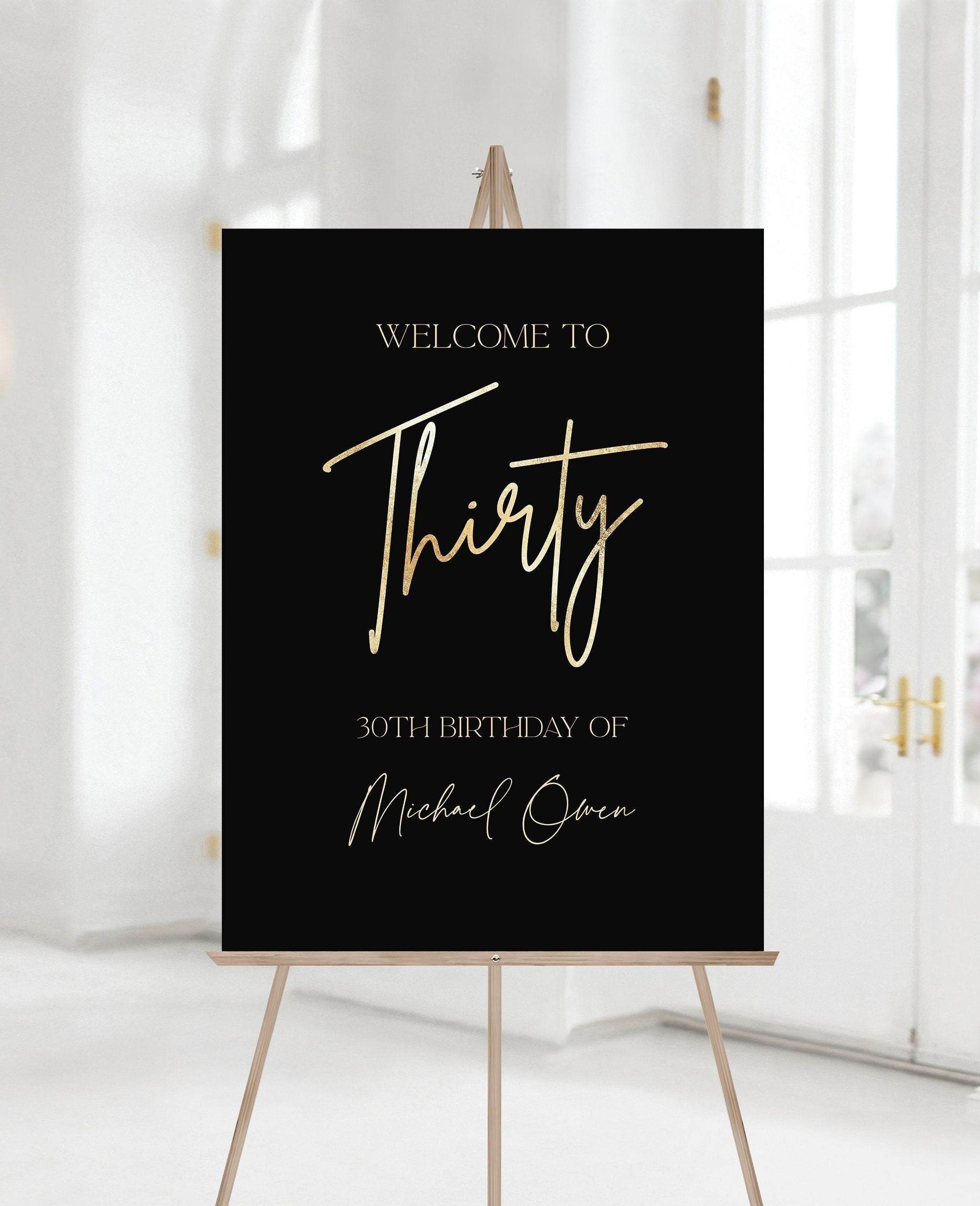 Printable 30th Birthday Welcome Sign, Black Gold Foil Editable Poster, Thirty Birthday Sign, DIY Party Decoration, Instant Download