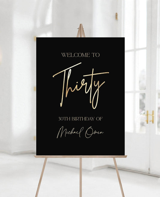 Printable 30th Birthday Welcome Sign, Black Gold Foil Editable Poster, Thirty Birthday Sign, DIY Party Decoration, Instant Download