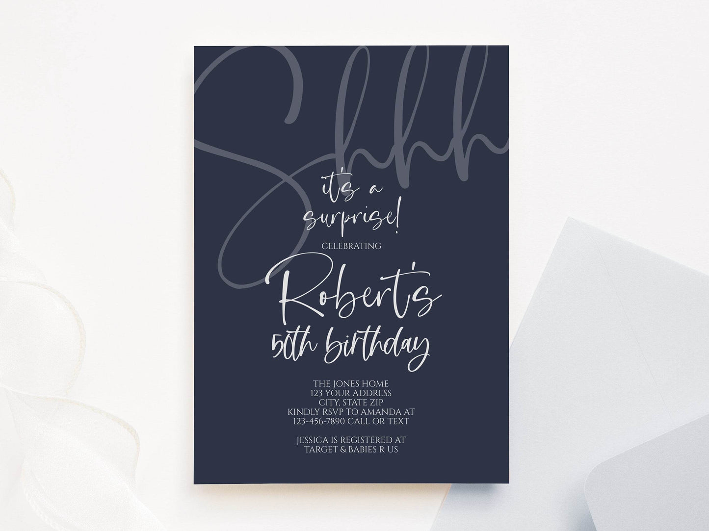 Navy Gold Surprise 40th Birthday Invitation, Printable Shhh It’s a Surprise Blue Forty Birthday Invite, Editable Digital Invitation Template, Instant Download