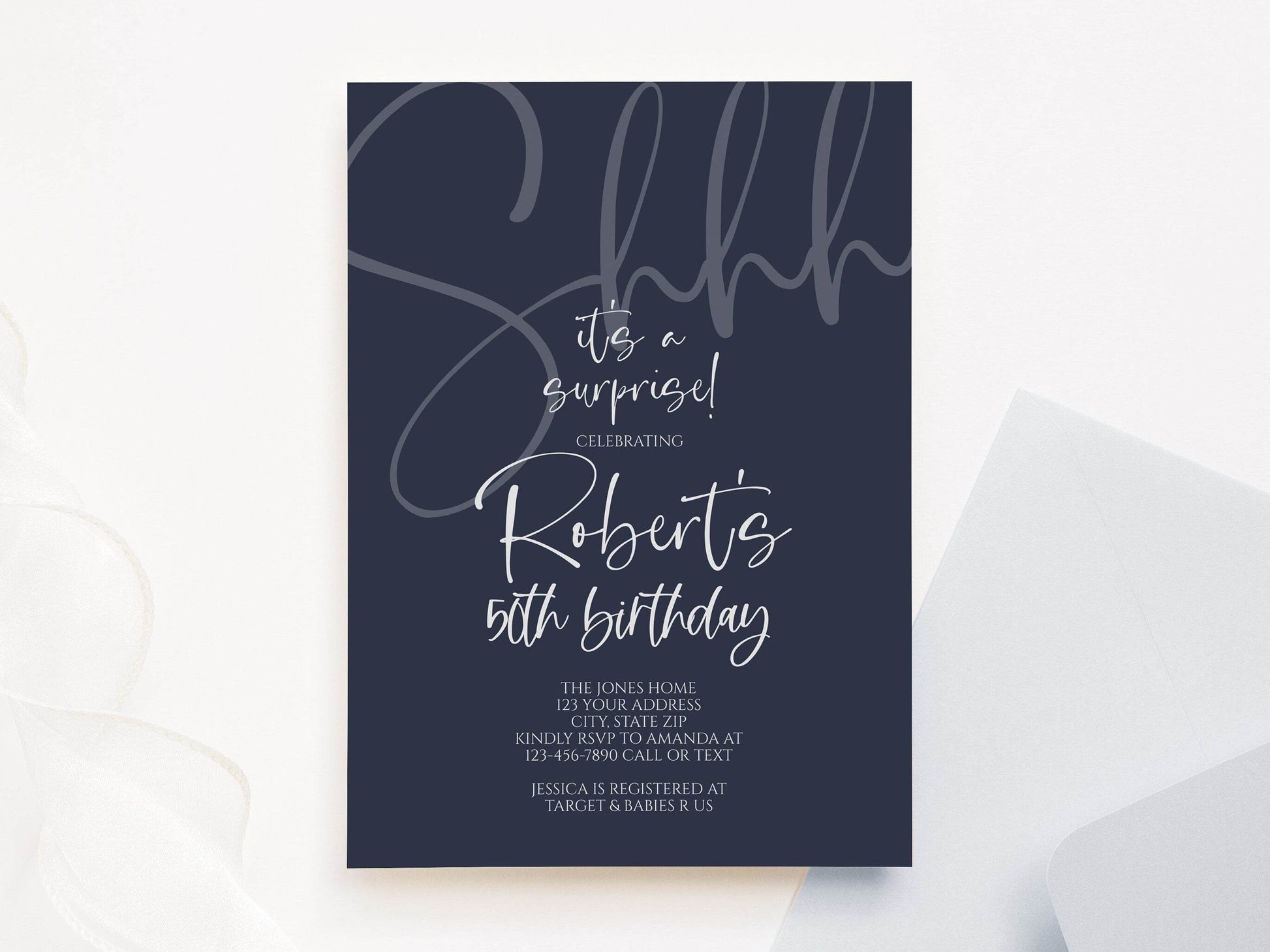 Navy Gold Surprise 40th Birthday Invitation, Printable Shhh It’s a Surprise Blue Forty Birthday Invite, Editable Digital Invitation Template, Instant Download
