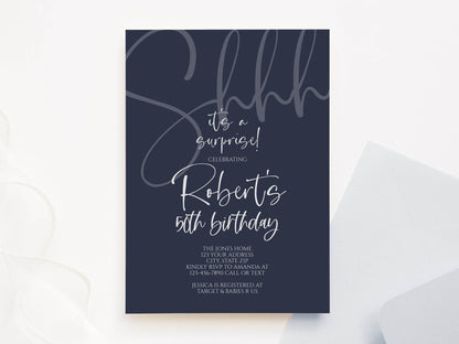 Navy Gold Surprise 40th Birthday Invitation, Printable Shhh It’s a Surprise Blue Forty Birthday Invite, Editable Digital Invitation Template, Instant Download