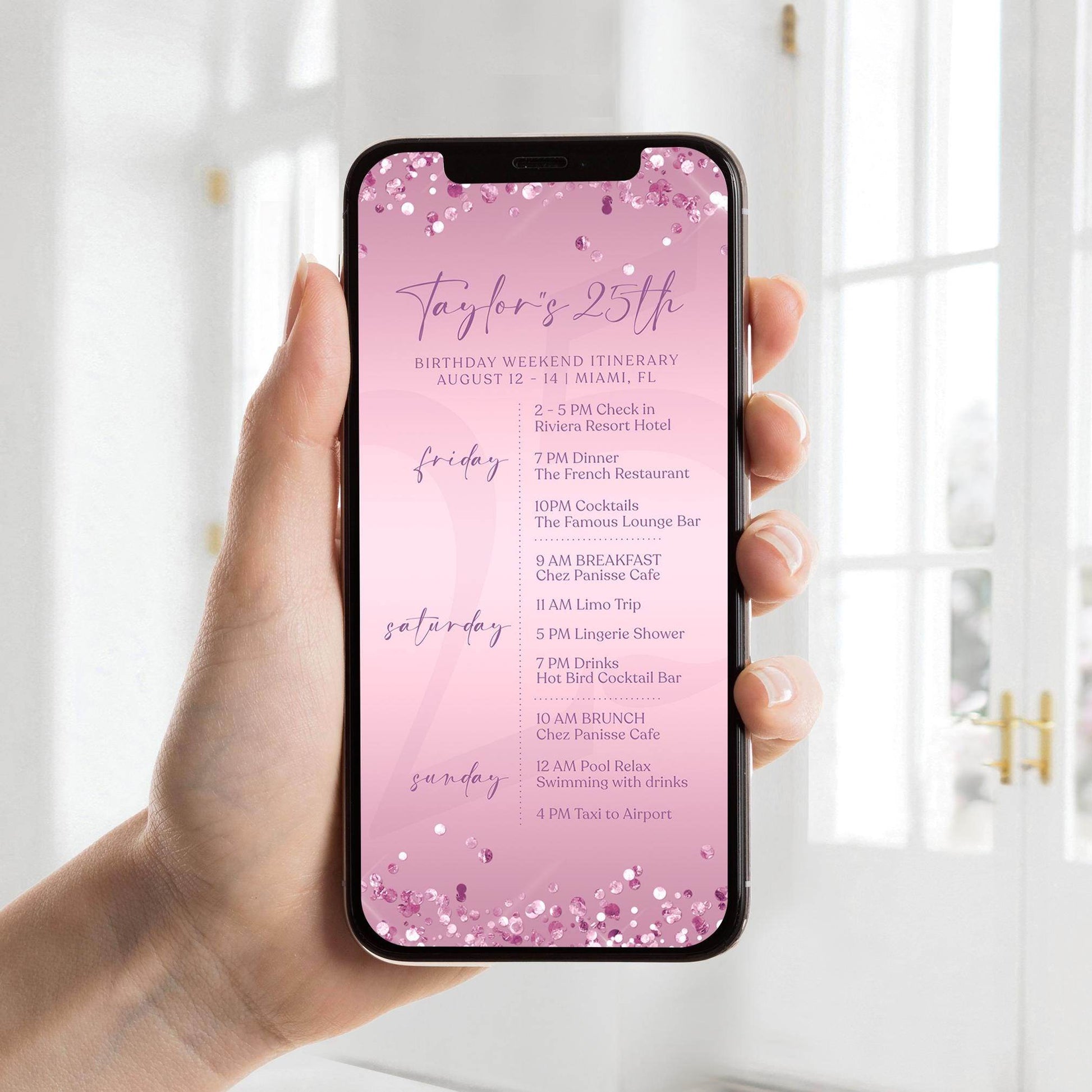 Electronic Purple Birthday Weekend Itinerary Template, Editable Party Itinerary, Digital Lavender Weekend Schedule, Instant Download Evite