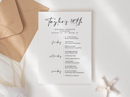 40th Birthday Itinerary Template | Editable Minimalist Weekend Schedule | Simple Printable Party Plan | White DIY Digital Itinerary | Instant Download
