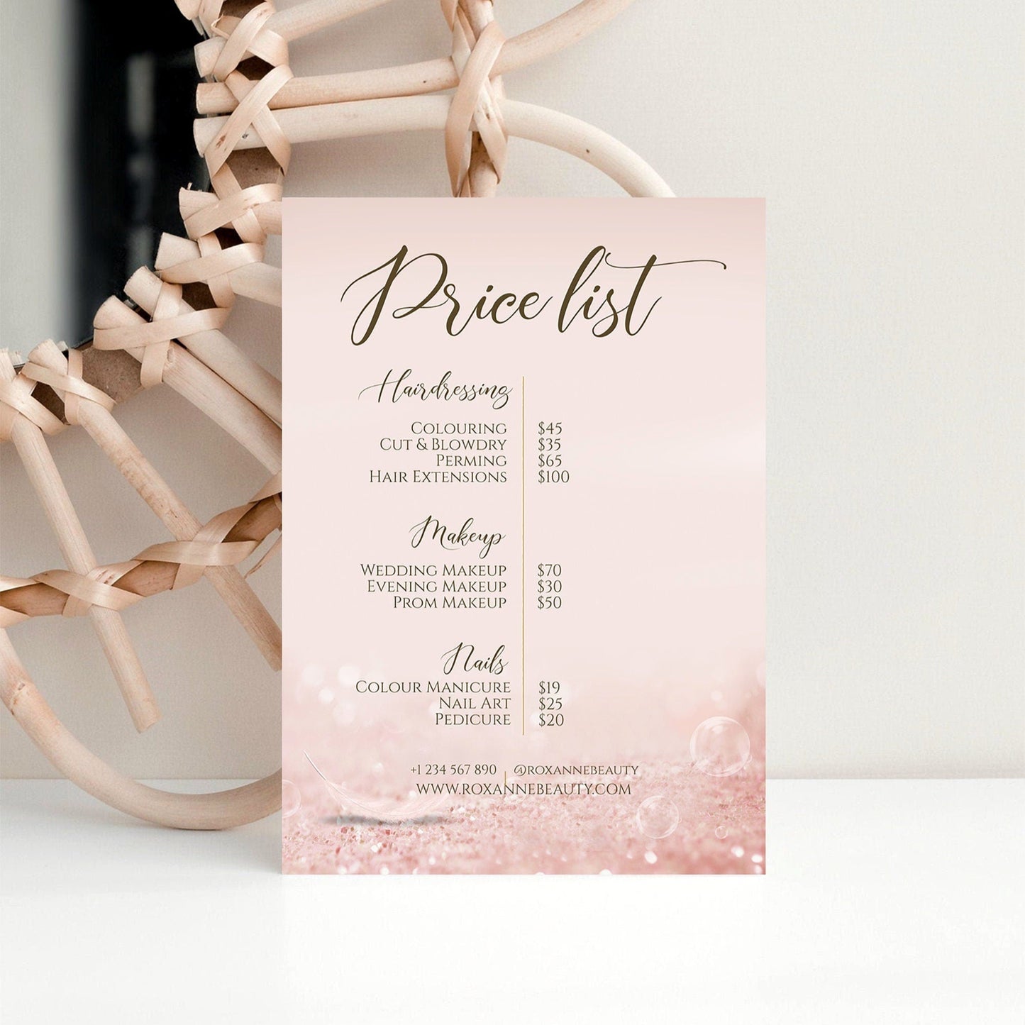 Rose Gold Price List Editable, Business Price List Template, Printable Price Guide, Pricing Sheet Hair Beauty Salon Chart, Instant Download