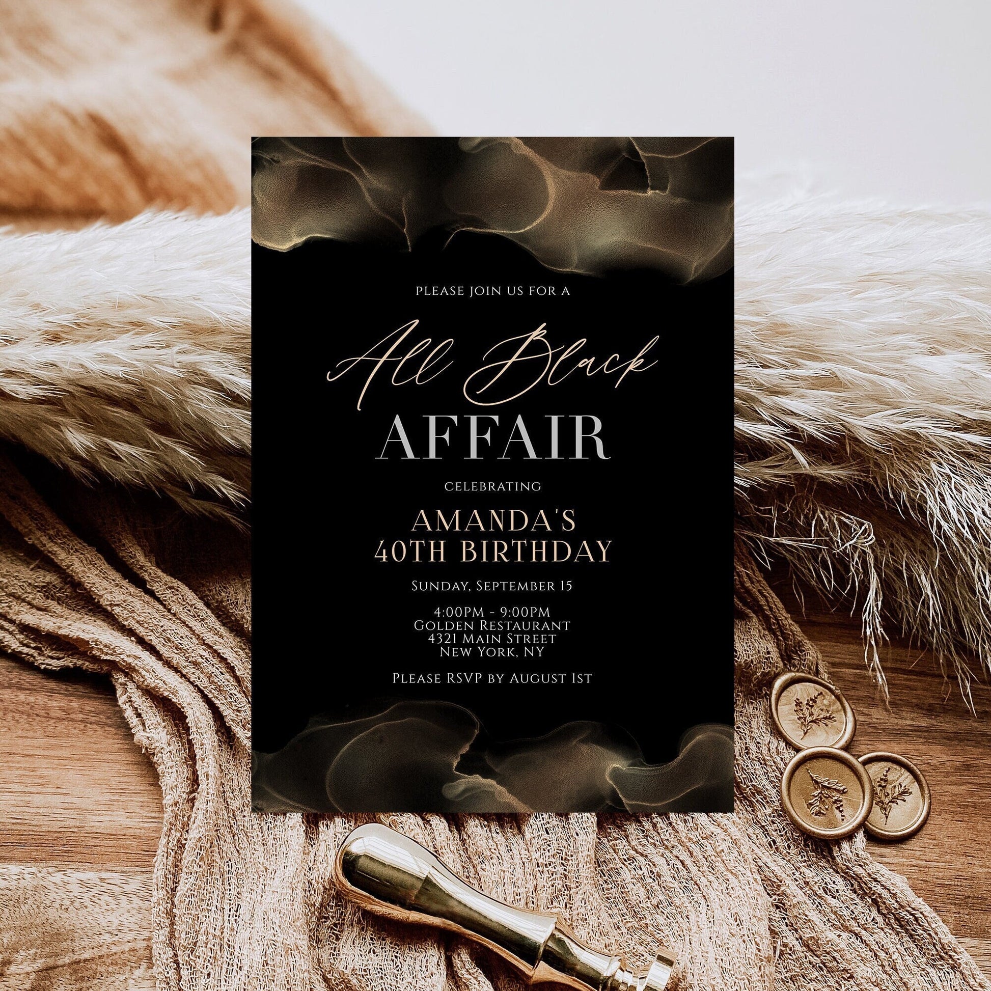 Editable All Black Affair Invitation, Printable All Black Party Invitation, Black and Gold, Marble, Formal Attire Invite, Email Text Message