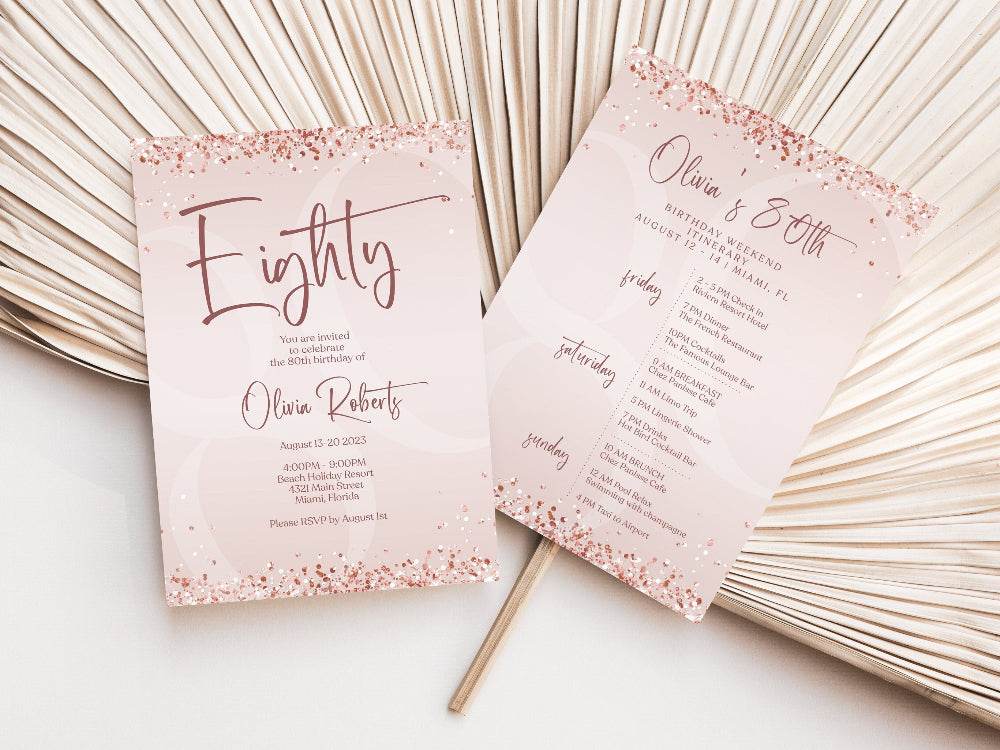 Printable Rose Gold 80th Birthday Weekend Itinerary Template, Editable Birthday Weekend Invite, Digital Birthday Weekend Schedule, Instant Download