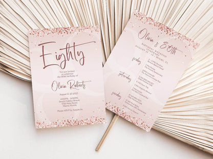 Printable Rose Gold 80th Birthday Weekend Itinerary Template, Editable Birthday Weekend Invite, Digital Birthday Weekend Schedule, Instant Download