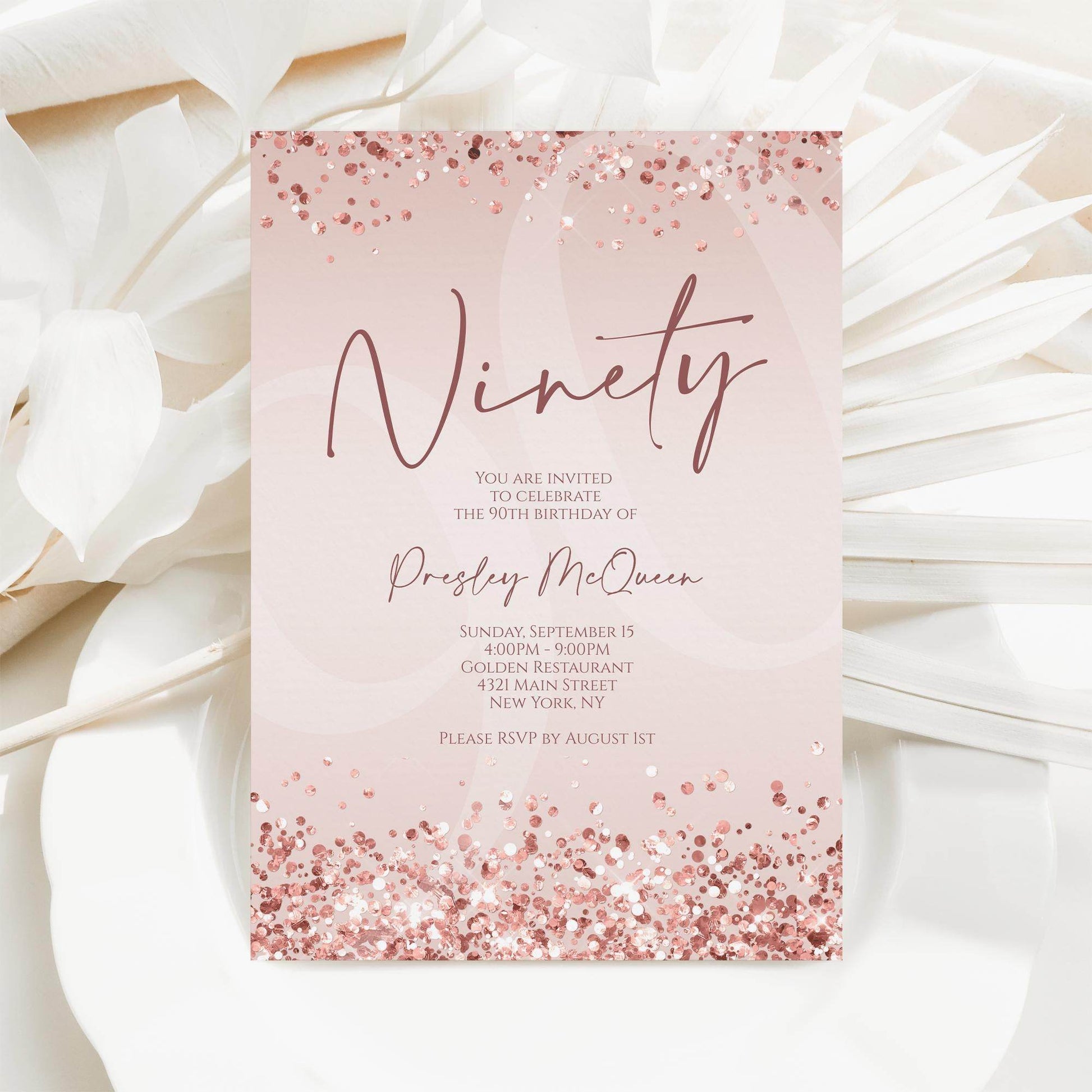 Rose Gold 90th Birthday Invitation Template, Printable Editable Pink Confetti Invite, 90th Digital Text or Email Evite Download