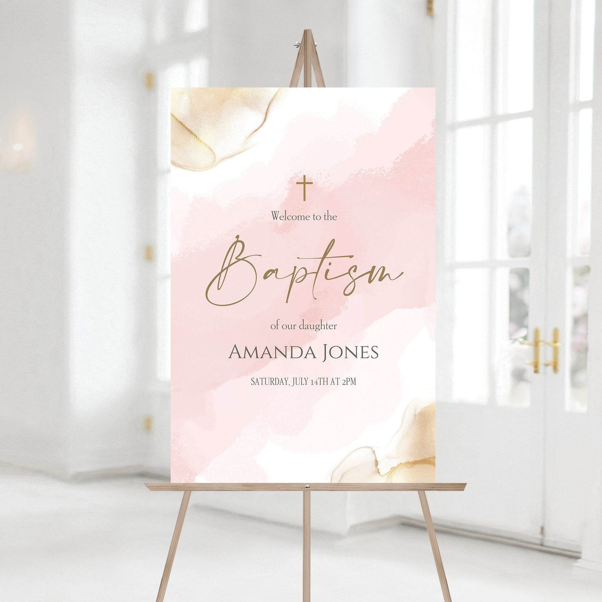 Girl Baptism Welcome Sign Template | Editable Pink & Gold Christening Poster | Printable Watercolor Baby Baptism Sign | Instant Digital Download