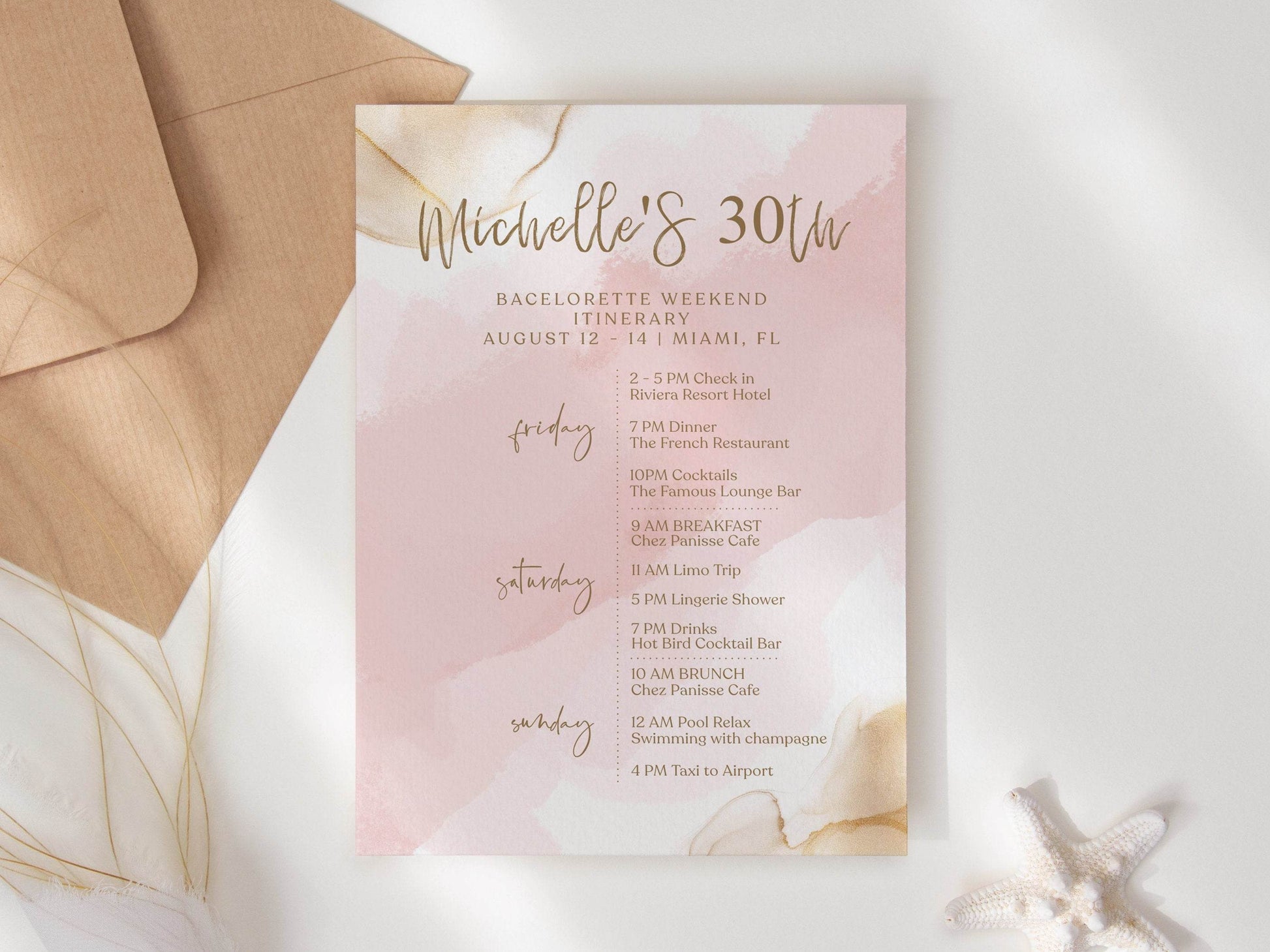 Printable Birthday Weekend Itinerary Template, Editable 30th Birthday Weekend Schedule, Pink Gold Party Planning Program, Instant Download