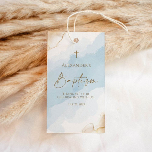 Printable Blue Boy Baptism Thank You Tag Template, Editable Baptism Favor Tag, Blue Gold Watercolor Christening Labels, Boy Baptism Tags