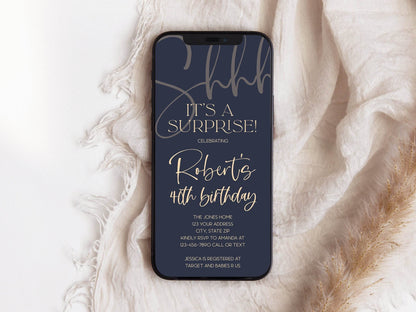 Digital Navy Gold Surprise Birthday Invitation, Editable 30th 40th Text Invite Template, Electronic Message Evite, Instant Download