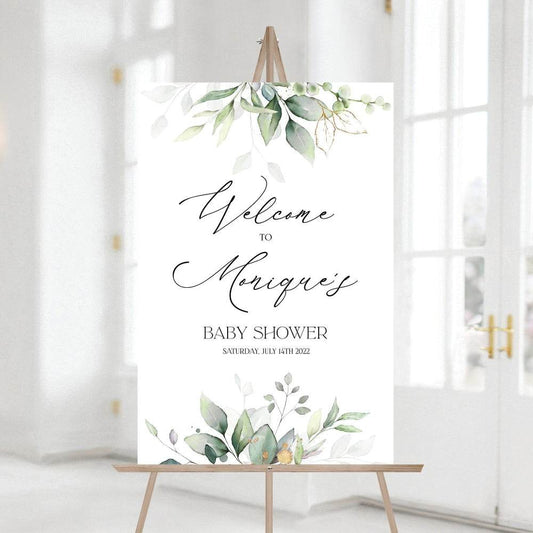 Baby Shower Welcome Sign – Greenery & Faux Gold Foil Watercolor Printable | Editable 24x36 Custom Sign | Digital Canva Template | Instant Download