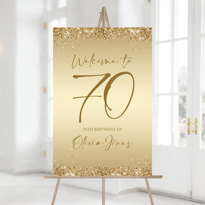 Printable Gold 70th Seventy Birthday Party Welcome Sign, Editable Template, Modern Gold Birthday Welcome Sign Template, Gold Foil Confetti