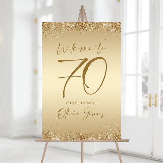 Printable Gold 70th Seventy Birthday Party Welcome Sign, Editable Template, Modern Gold Birthday Welcome Sign Template, Gold Foil Confetti