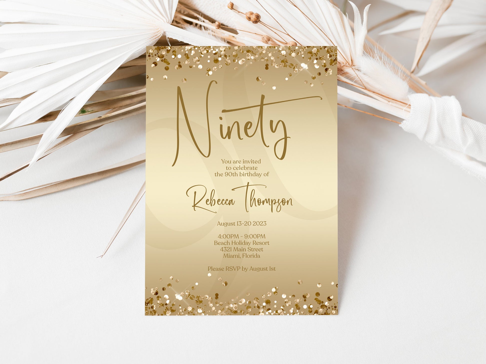 Printable 90th Birthday Invitation Template – Gold Confetti Design
