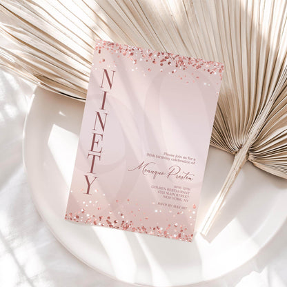 Pink Rose Gold 90th Birthday Invitation Template – Editable Ninety Birthday Party Invite – Printable Surprise Party Card – Email & Text Digital Download