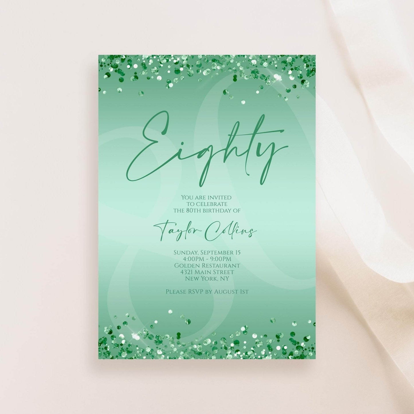 Printable Mint Green 80th Birthday Invitation Template | Editable Digital Mint Birthday Card for Women | Instant Download