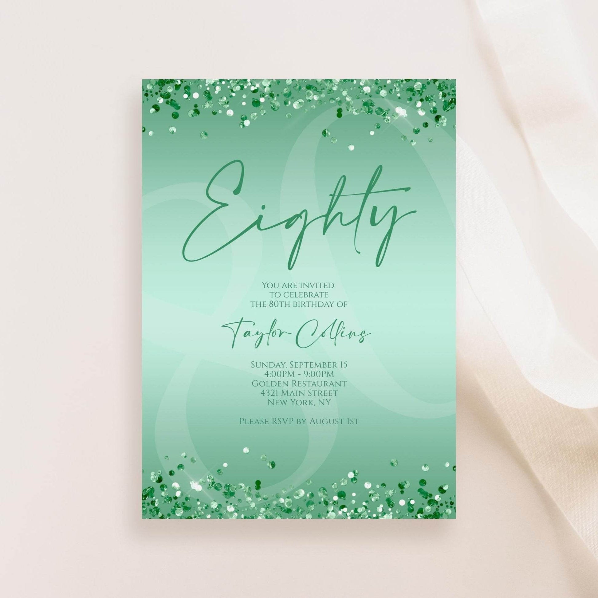 Printable Mint Green 80th Birthday Invitation Template | Editable Digital Mint Birthday Card for Women | Instant Download