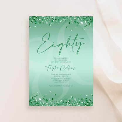 Printable Mint Green 80th Birthday Invitation Template | Editable Digital Mint Birthday Card for Women | Instant Download