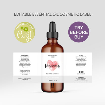 Red Heart Product Label Template, Editable Essential Oil Bottle Label, Stylish 2oz Dropper Cosmetic Label Design, Printable Oil Label, Instant Download