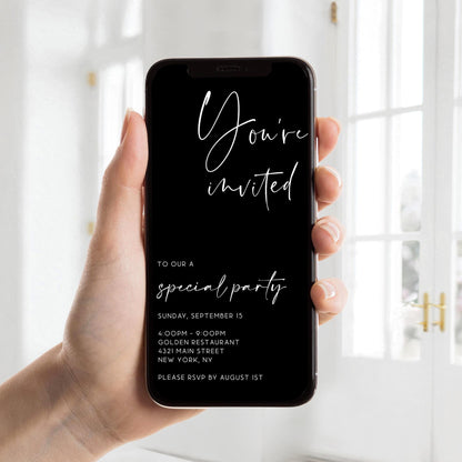 Black Modern Business Text Message Invitation Template, Electronic, Minimalist You're Invited, Special event invitation, EDITABLE, Download