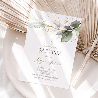 Baptism Invitation Template – Editable Greenery Christening Invite | Eucalyptus & Gold Leaves | Boy or Girl Printable Digital Download