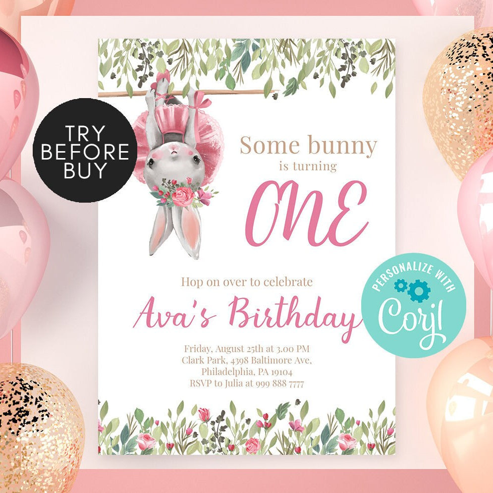Bunny Birthday Invitation Template, EDITABLE Bunny 1st Birthday Invite, Pink Girl Bunny Invitations, Spring Floral, Instant download DIY
