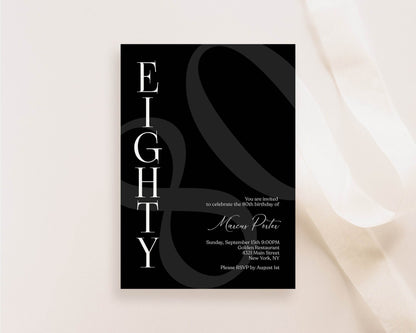 Minimalist Simple Black 80th Eighty Birthday Invitation Template, Editable Any Age Men Invitation, Email Text Message, Printable Invitation