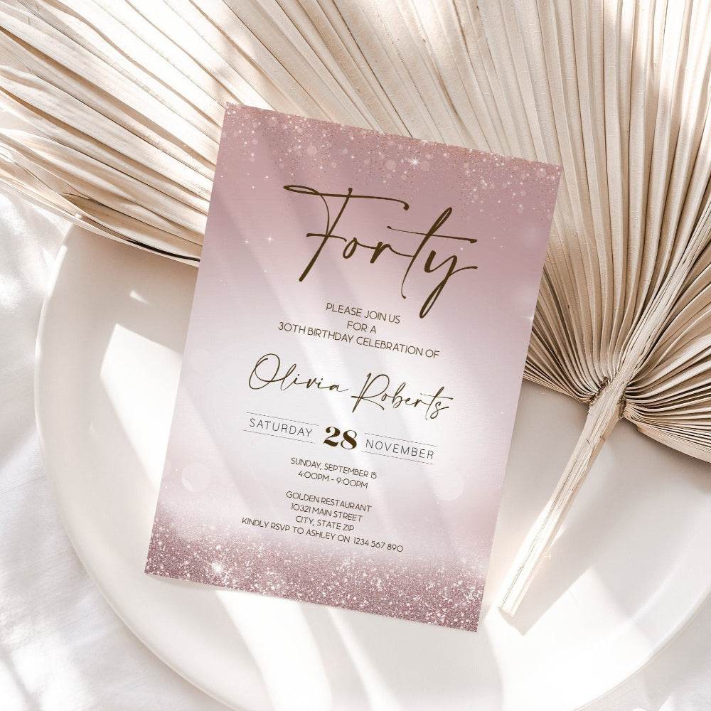 Luxury 40th Birthday Invitation Template, Rose Gold Glitter Editable Printable Invite, Digital Text Message Birthday Evite, Instant Download 5x7