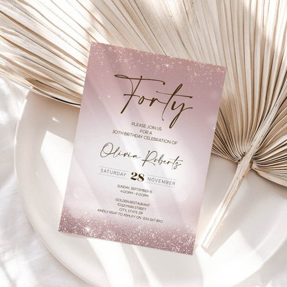 Luxury 40th Birthday Invitation Template, Rose Gold Glitter Editable Printable Invite, Digital Text Message Birthday Evite, Instant Download 5x7