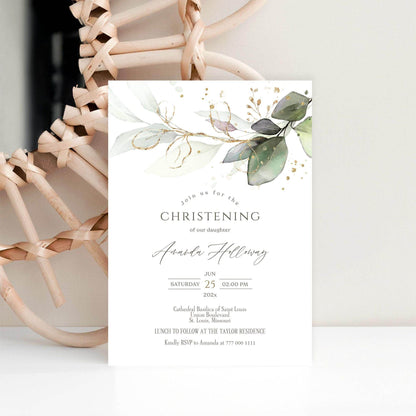 Editable Christening Invitation Card Template – Printable Greenery Eucalyptus Baptism Invite for Boy or Girl | Digital Download