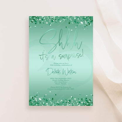 Printable Shhh It's a Surprise Invitation Template | Editable Green Mint & Gold Birthday Invite | Any Age Surprise Party Evite | Digital Download