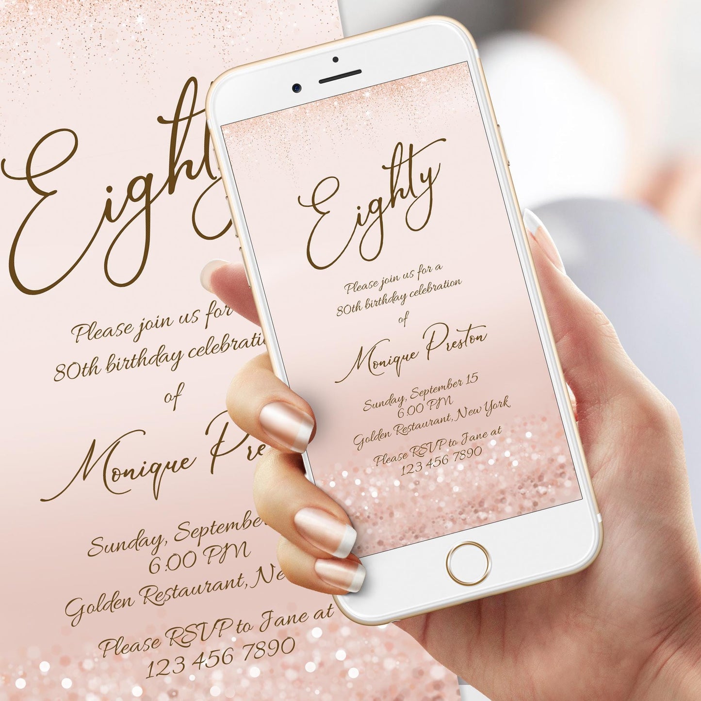 Digital Rose Gold 80th Eighty Invite template, Electronic Rose Gold Confetti editable 80th Birthday Text Message Evite, Phone invitation