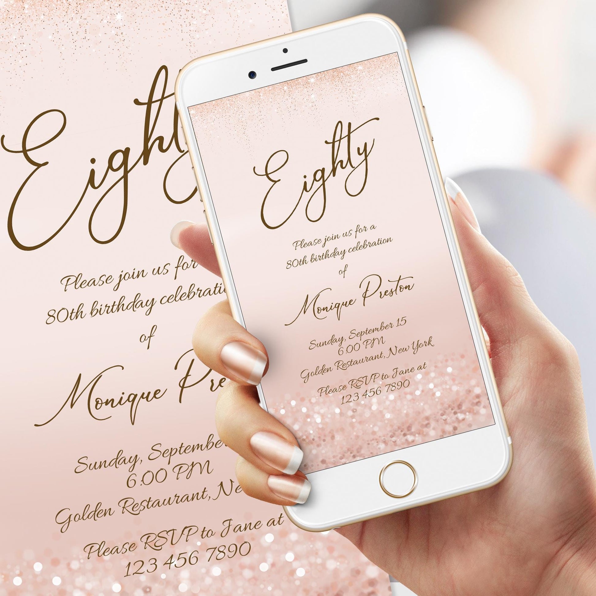 Digital Rose Gold 80th Eighty Invite template, Electronic Rose Gold Confetti editable 80th Birthday Text Message Evite, Phone invitation