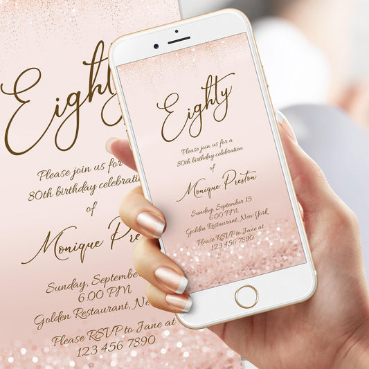 Digital Rose Gold 80th Eighty Invite template, Electronic Rose Gold Confetti editable 80th Birthday Text Message Evite, Phone invitation