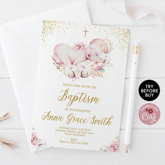 Baptism Invitation Girl | First Holy Communion Invitation Template | Editable Printable Floral Baby Girl Baptism | Instant Download Digital DIY