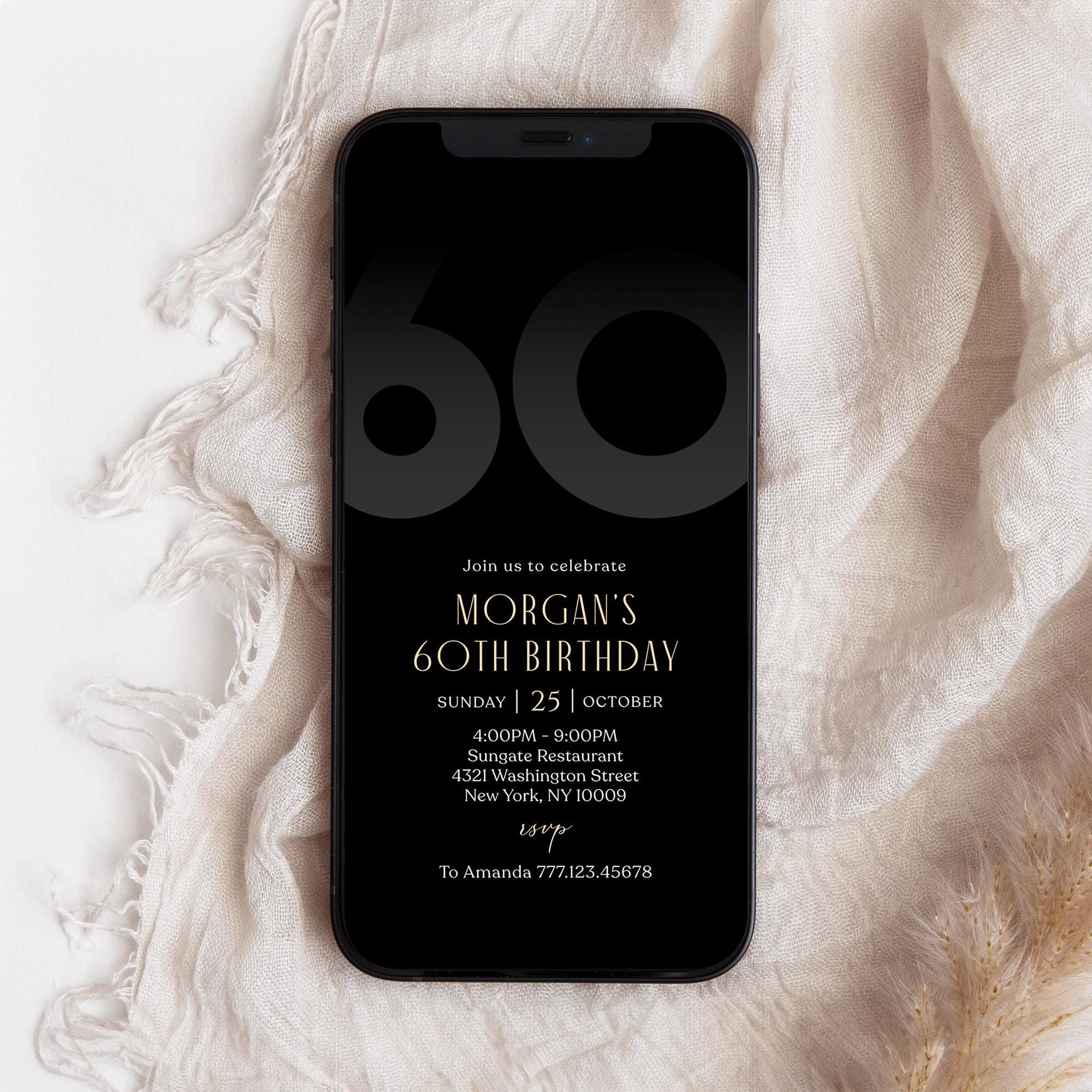 Digital Black 60th Sixty Birthday Invitation Template, Electronic Mobile Invite for Him, Phone Black Elegant Invitation, Text Message Evite