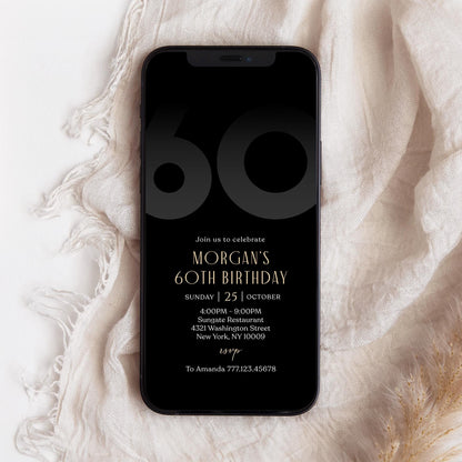 Digital Black 60th Sixty Birthday Invitation Template, Electronic Mobile Invite for Him, Phone Black Elegant Invitation, Text Message Evite