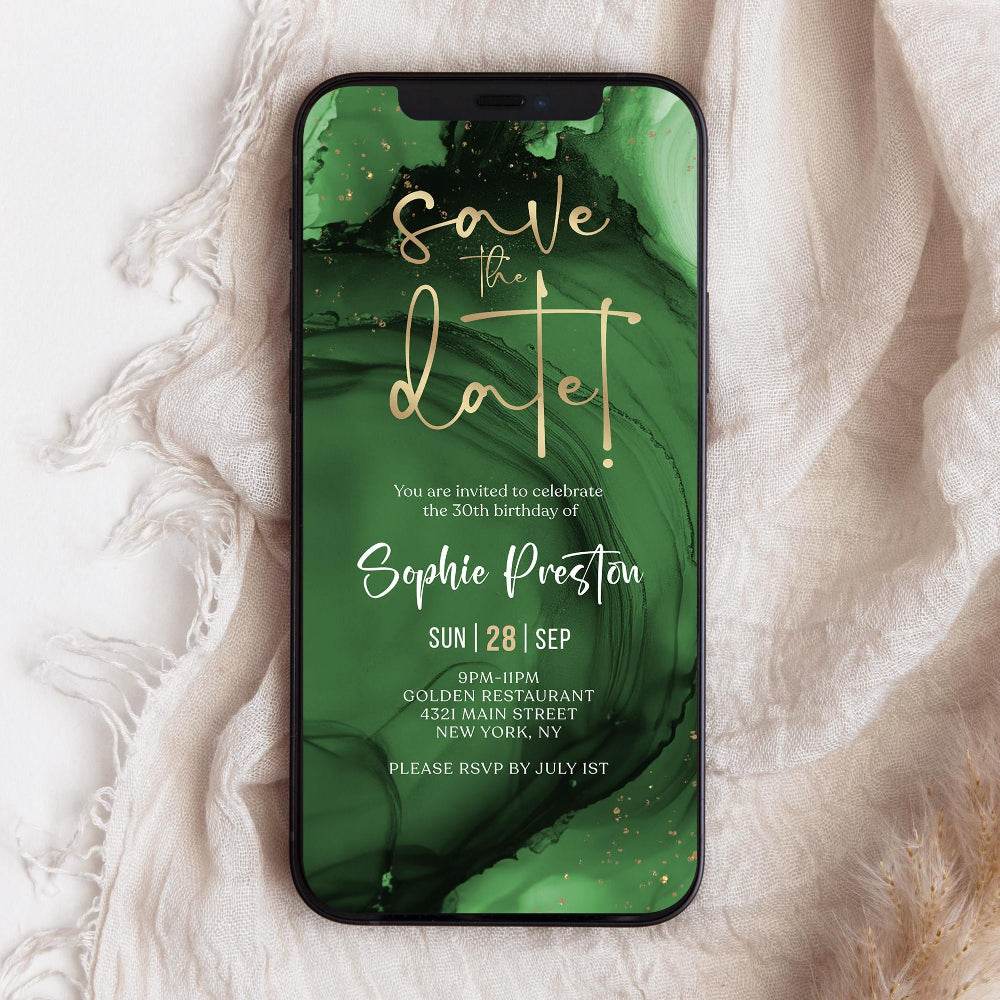 Digital Emerald Green Gold Save the Date Invitation Template | Editable Mobile Birthday Evite | Any Age Text Message Invite | Instant Download