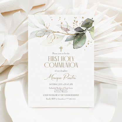 First Holy Communion Invite Template, Editable Greenery First Communion Invitation, Boy Girl Communion Invitation, Digital Card Template
