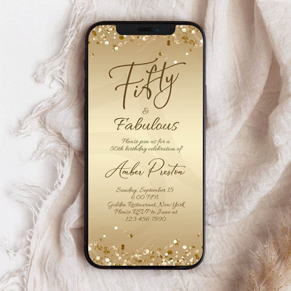 Digital Fifty and Fabulous Dinner Party Invitation for Her – Editable Gold 50th Birthday Template | Ladies Electronic Text Message Evite | Instant Download