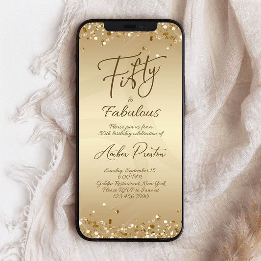 Digital Fifty and Fabulous Dinner Party Invitation for Her – Editable Gold 50th Birthday Template | Ladies Electronic Text Message Evite | Instant Download