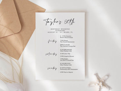 Editable 80th Birthday Itinerary Template, Minimalist White Printable Weekend Schedule Invite, Digital Eighty Birthday Itinerary Download