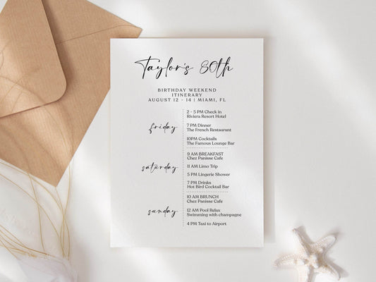 Editable 80th Birthday Itinerary Template, Minimalist White Printable Weekend Schedule Invite, Digital Eighty Birthday Itinerary Download
