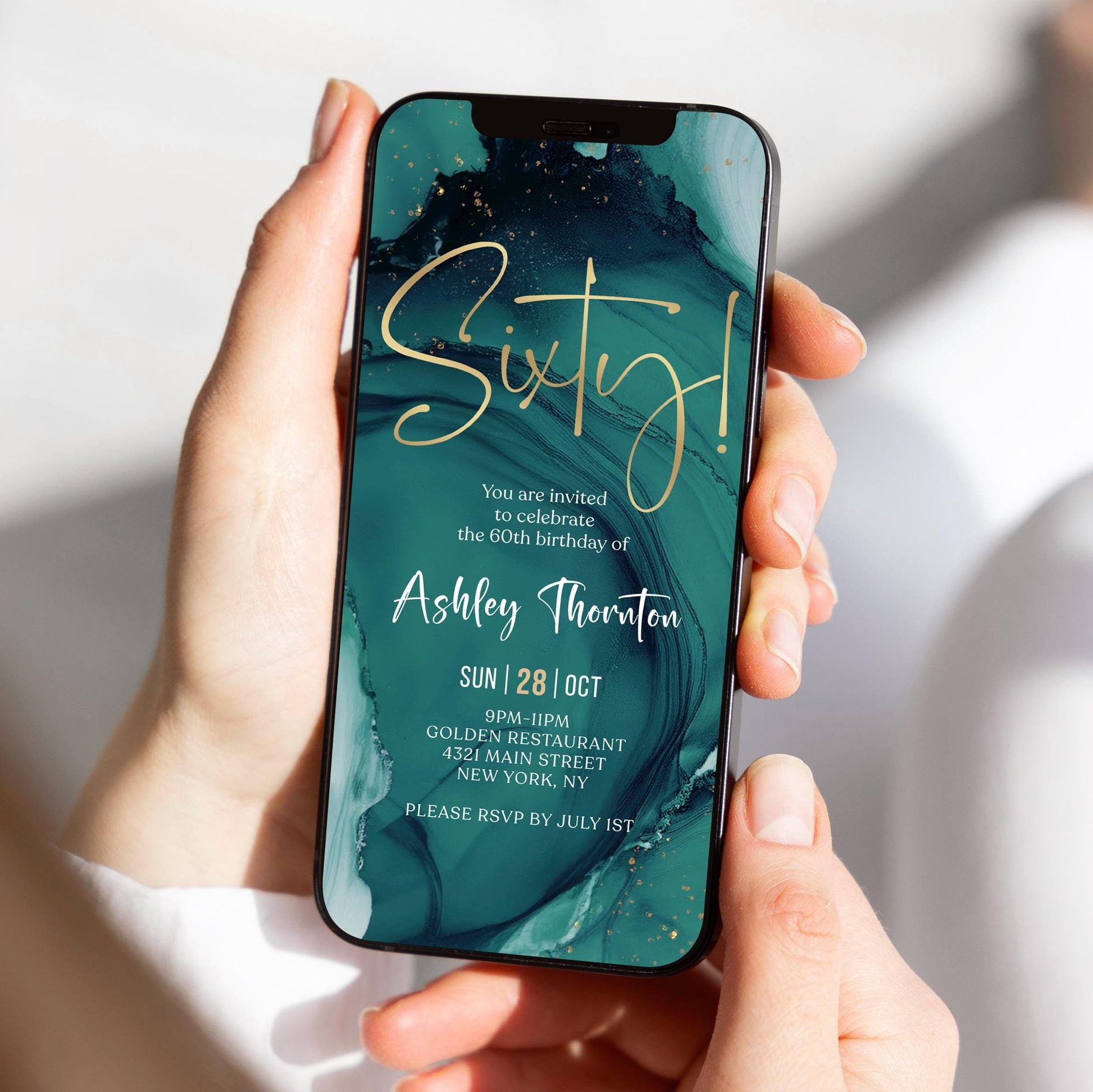 Teal Gold Sixty 60th Birthday Invitation Template, Digital Any Gender Invite, Electronic Self Editable Template eCard, Text Message Evite