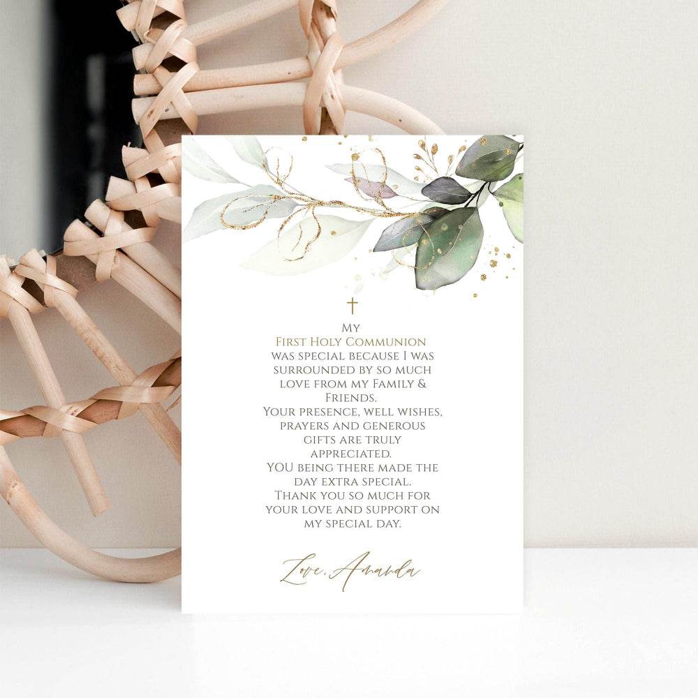 Editable Thank You Card Template | First Holy Communion & Baptism Thank You | Printable Eucalyptus Greenery Design | Instant Download
