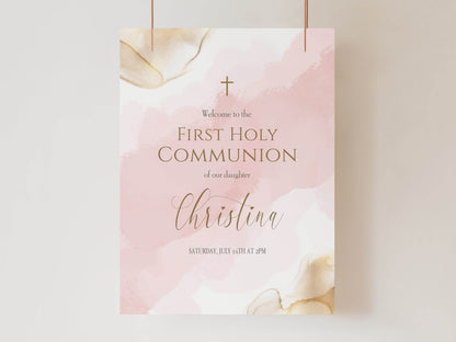 Girl First Holy Communion Welcome Sign, Printable Christening Poster, Editable Pink Gold Watercolor Welcome Sign Template, Instant Download
